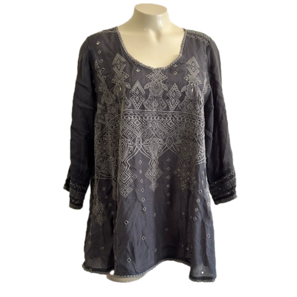 Unbranded JOHNNY WAS ? Charcoal embroidered blouse as is ( missing tag )